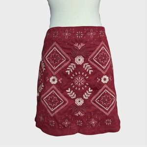 70's Style Rust Color Boho Embroidered Skirt Medium‎ Faux Suede Festival